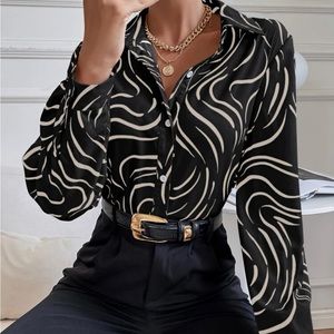 Long sleeve print button down blouse shirt